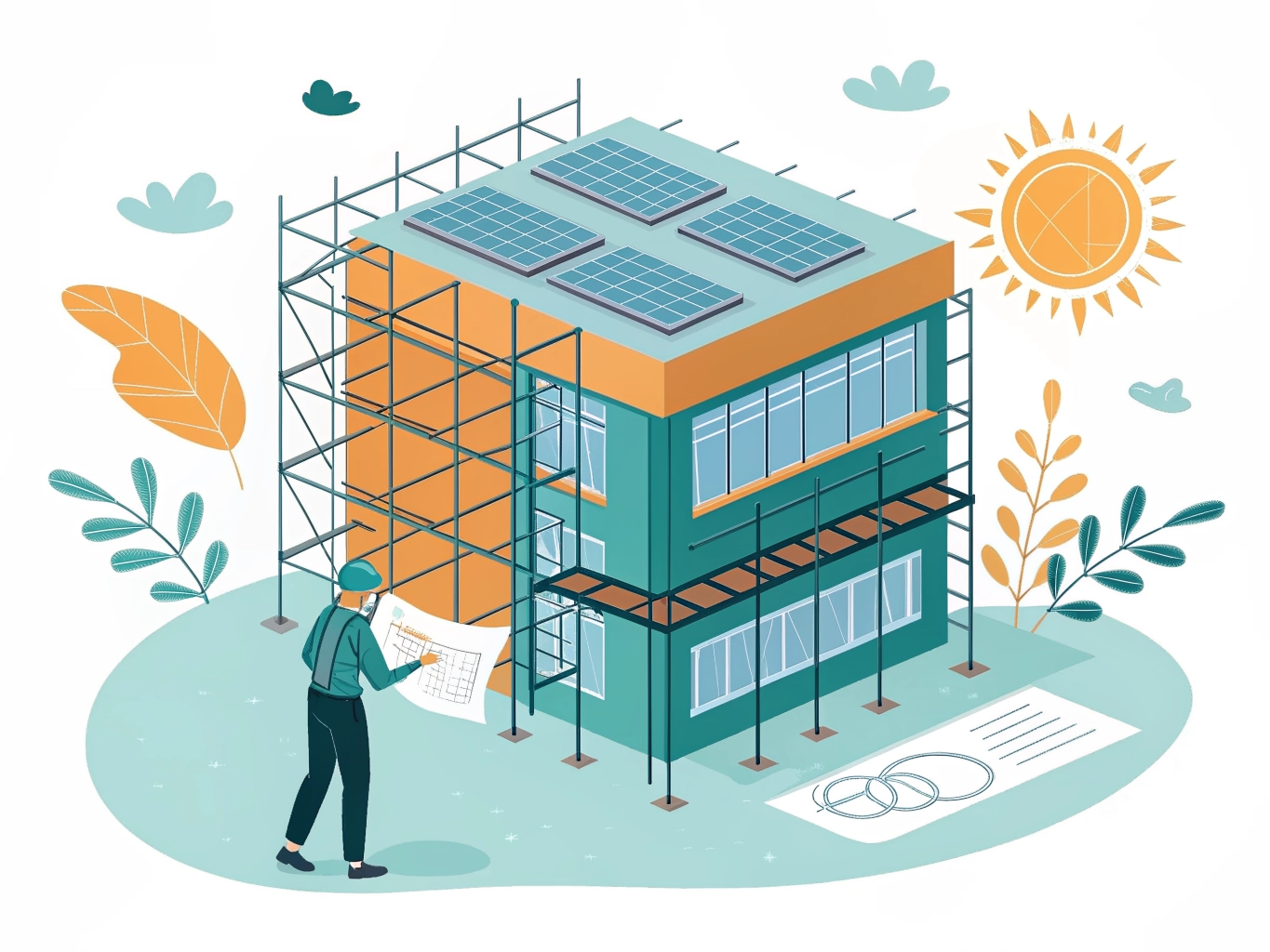 PAS 2038 non-domestic retrofit: commercial building energy efficiency upgrade with scaffolding and solar panels
