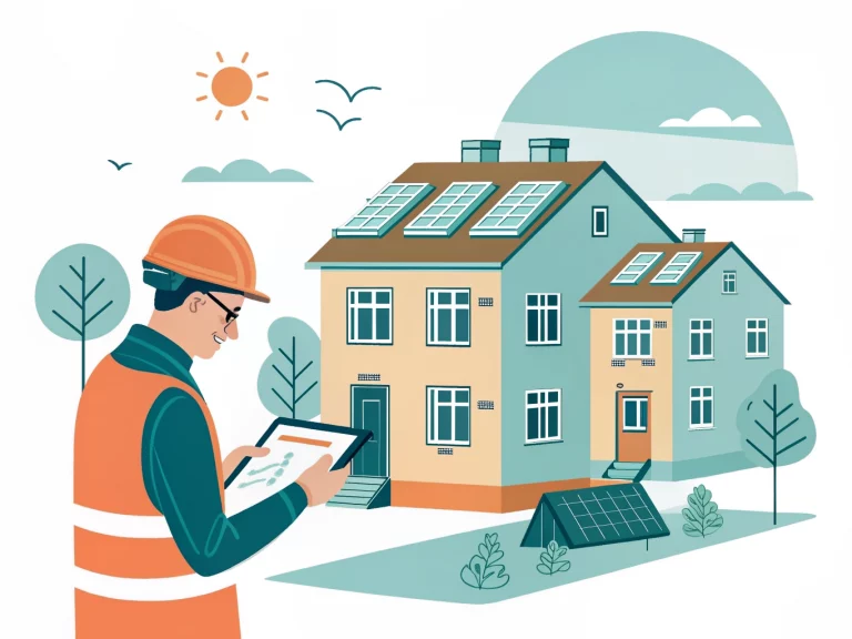 Illustration of social housing retrofit work showing insulation, solar panels and a housing officer reviewing Warm Homes Social Housing Fund statistics
