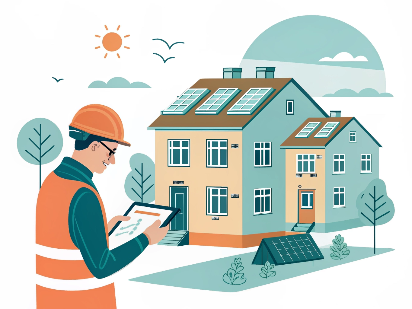 Illustration of social housing retrofit work showing insulation, solar panels and a housing officer reviewing Warm Homes Social Housing Fund statistics
